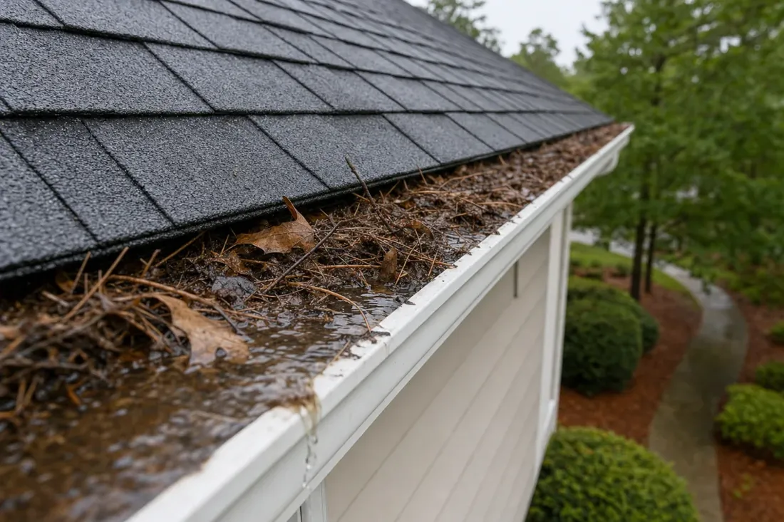 Residential gutter severely clogged with wet leaves, pine straw, and standing water